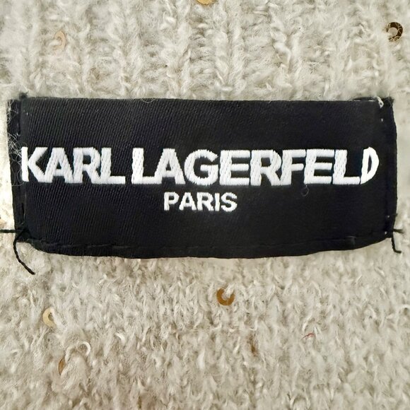 Karl Lagerfeld Paris Womens Sweater M Cream Gold Sequins‎ Keyhole Bow Clean Girl - Picture 9 of 10